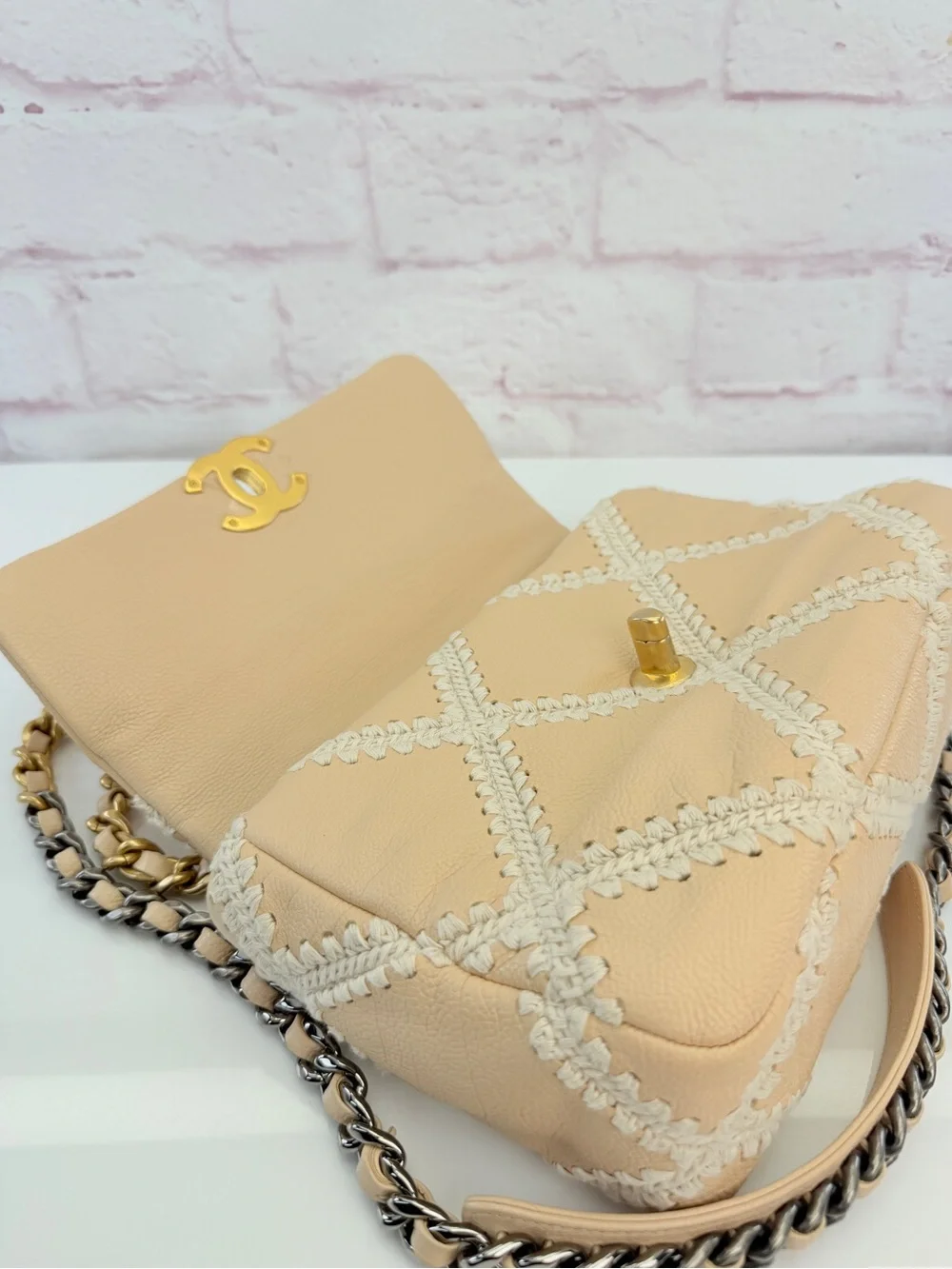 Chanel 19 Flap Medium Calfskin Crochet Shoulder Bag Beige